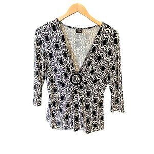 Tribal Black & White Geometric Wrap Top with Buckle Detail – Size M